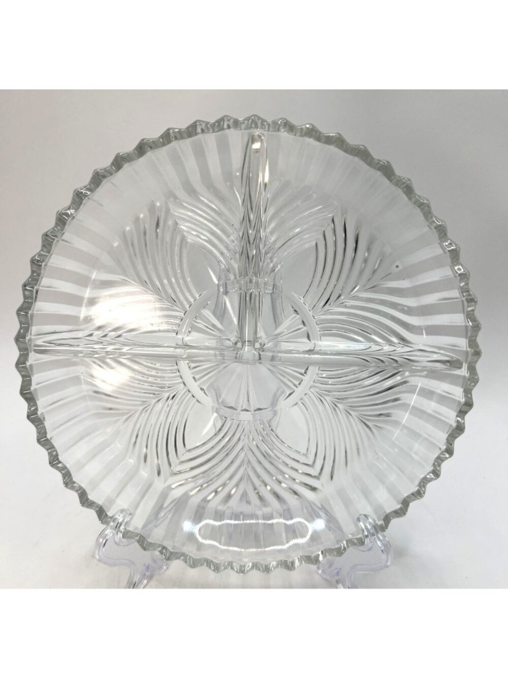 Vtg Round Clear Glass Sawtooth Rippled 3 Section Divided Dish Plate Serving Plat